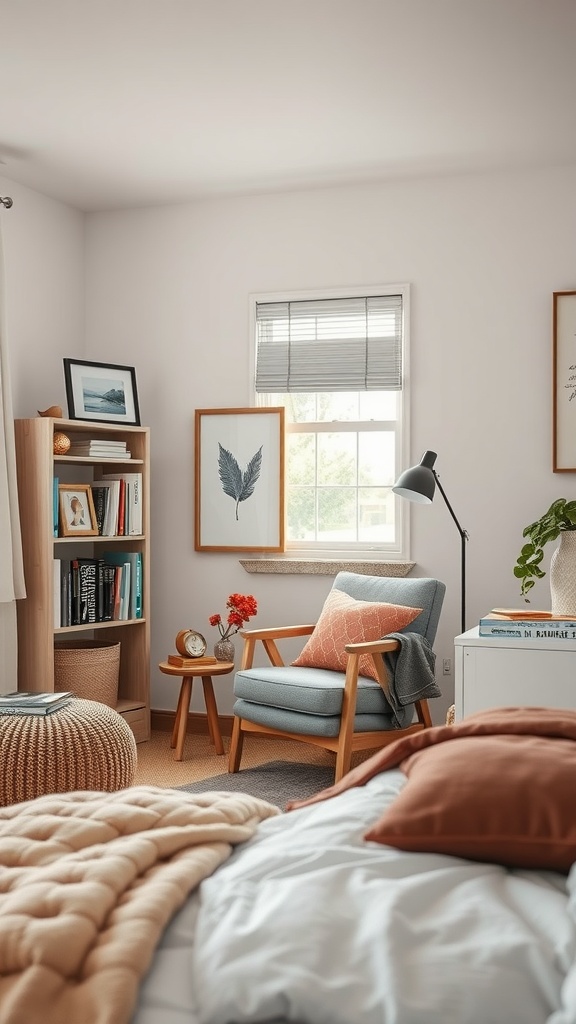 A cozy bedroom nook with a chair, bookshelf, and decorative elements.