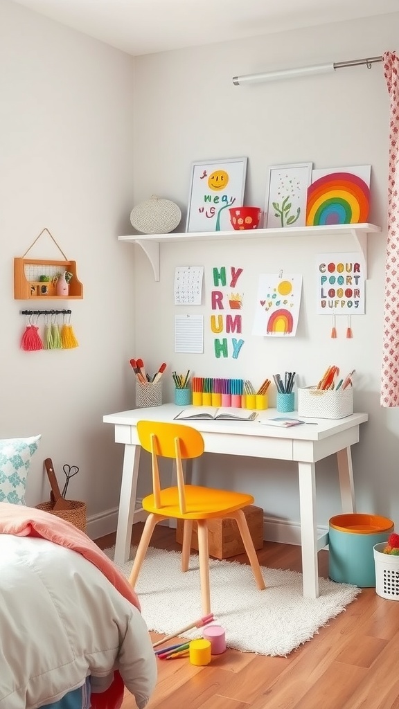 A children's craft corner featuring a white desk with colorful craft supplies, an orange chair, and art on the walls.