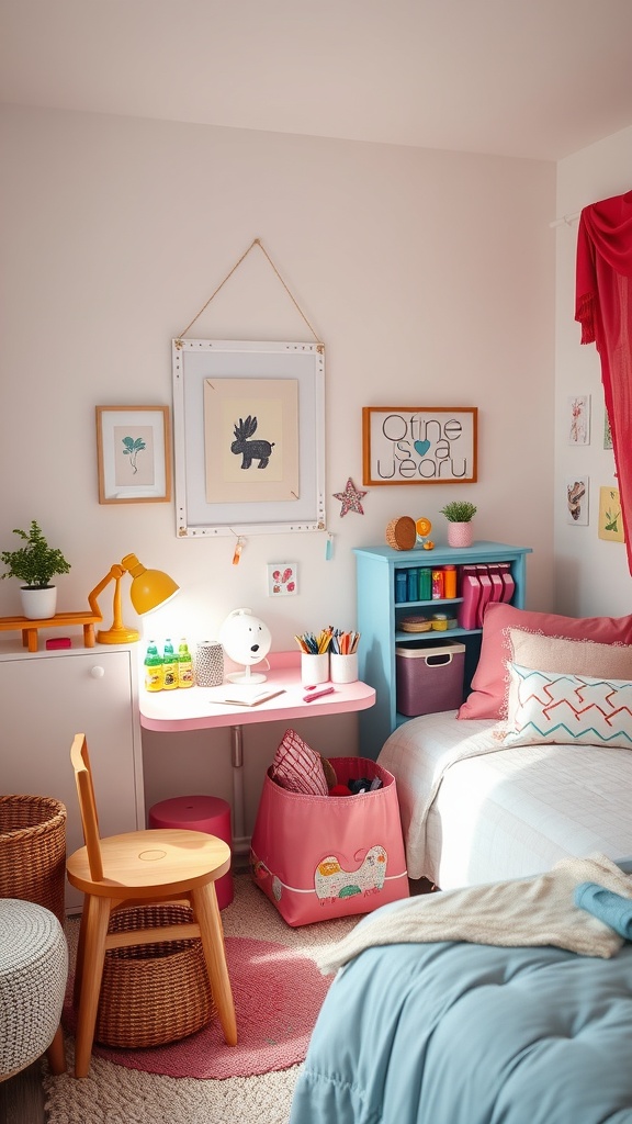 A colorful craft corner in a tween girl's bedroom featuring a small desk, art supplies, and playful decorations.