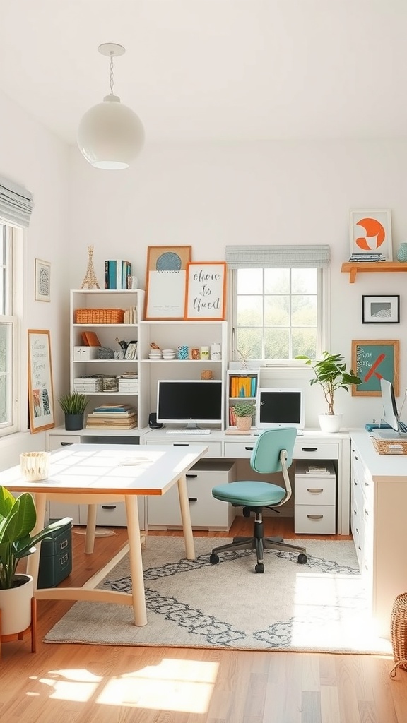 Bright and organized craft room with a large desk, comfortable chair, and shelves filled with art supplies.