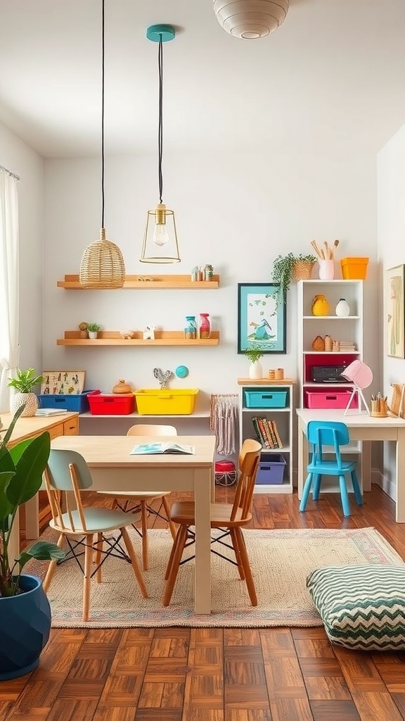 A colorful and organized kids craft space featuring a wooden table, colorful chairs, and neatly arranged art supplies.