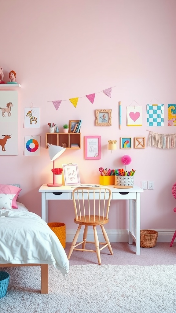 A cozy girly room featuring a craft station with colorful supplies, framed artwork on pink walls, and a comfortable bed.