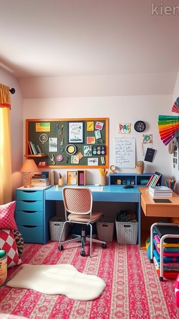 A colorful teen bedroom crafting corner with a blue desk, inspirational wall, and cozy decor.