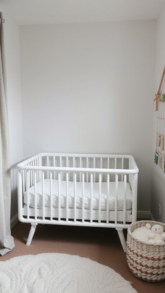 A minimalist white crib with a soft mattress and a woven storage basket in a cozy nursery setting.