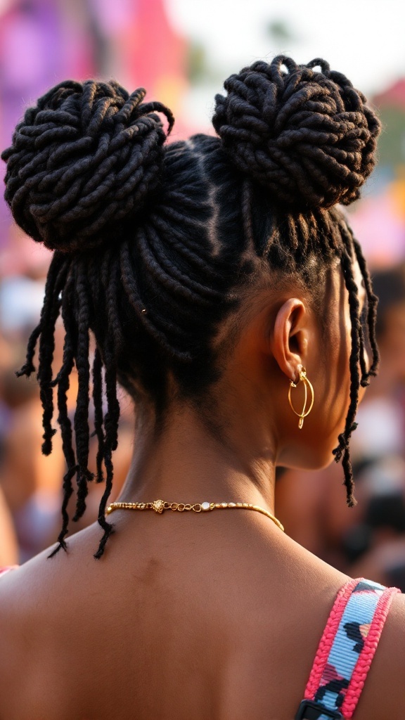 A person with crochet space buns wearing earrings and a necklace.