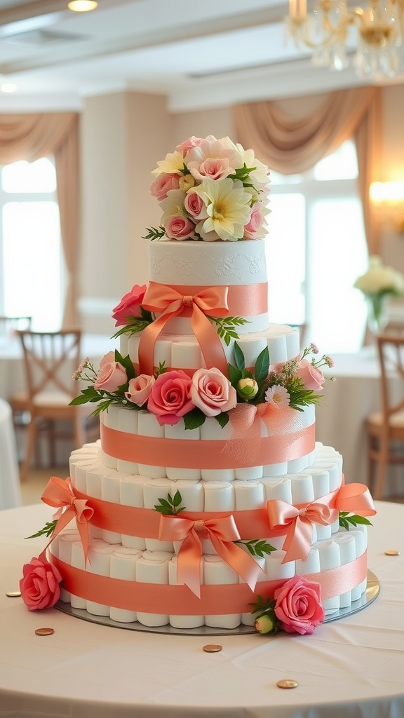 A decorative diaper cake centerpiece for a baby shower, featuring tiers of diapers wrapped in ribbons and adorned with flowers.
