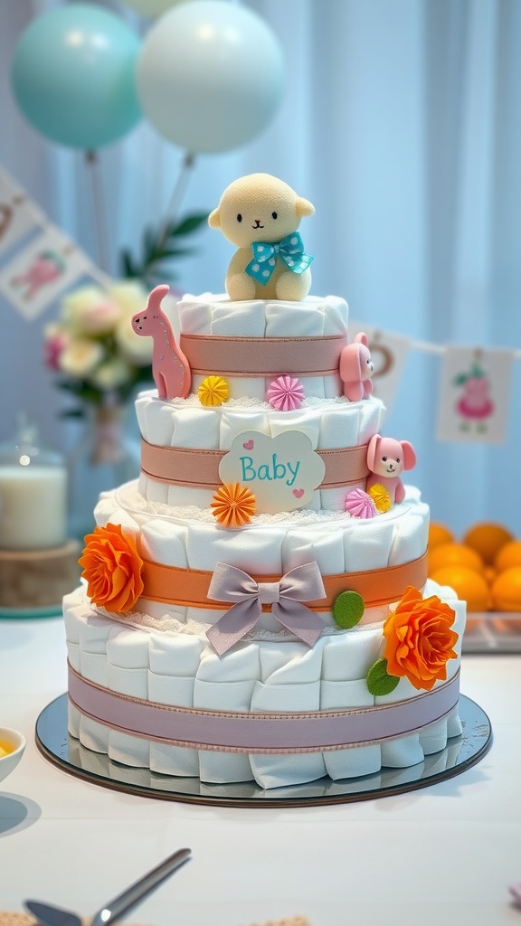 A tiered diaper cake decorated with a plush bear, felt flowers, and playful animals, set up for a baby shower.