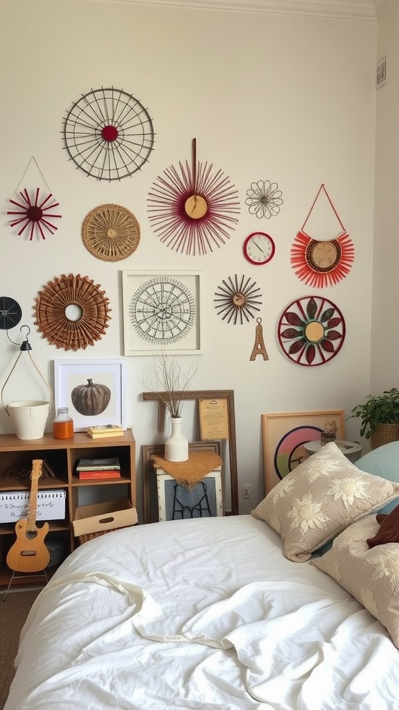 A cozy bedroom with a bed, wall art made of various decorative pieces, and a wooden shelf with books and plants.