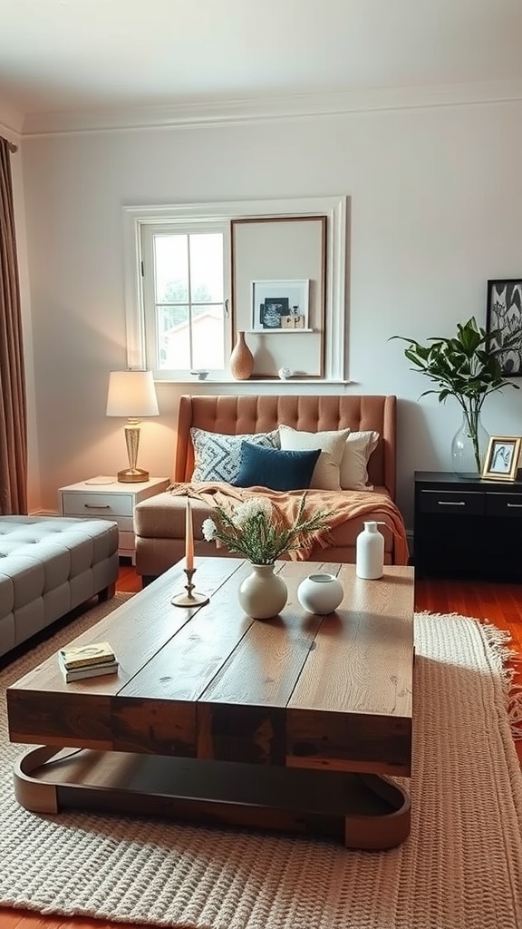 A cozy living room featuring a wooden coffee table, a sofa, and decorative elements.