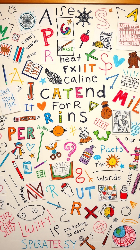 A colorful bulletin board filled with doodles, drawings, and words.