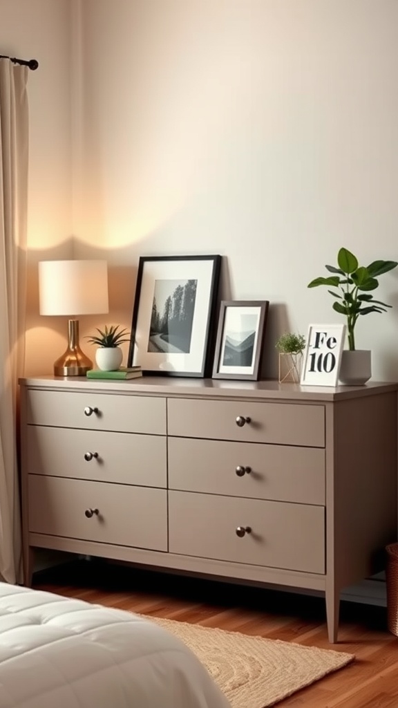 A modern dresser in a small bedroom with a lamp, framed artwork, and a potted plant.
