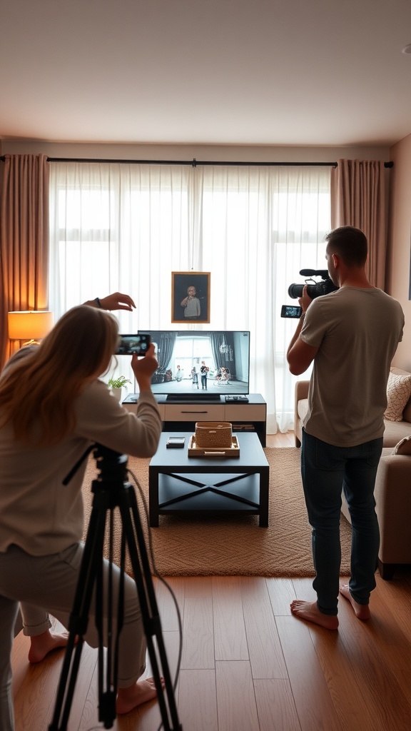 A couple recording a family video announcement in their living room