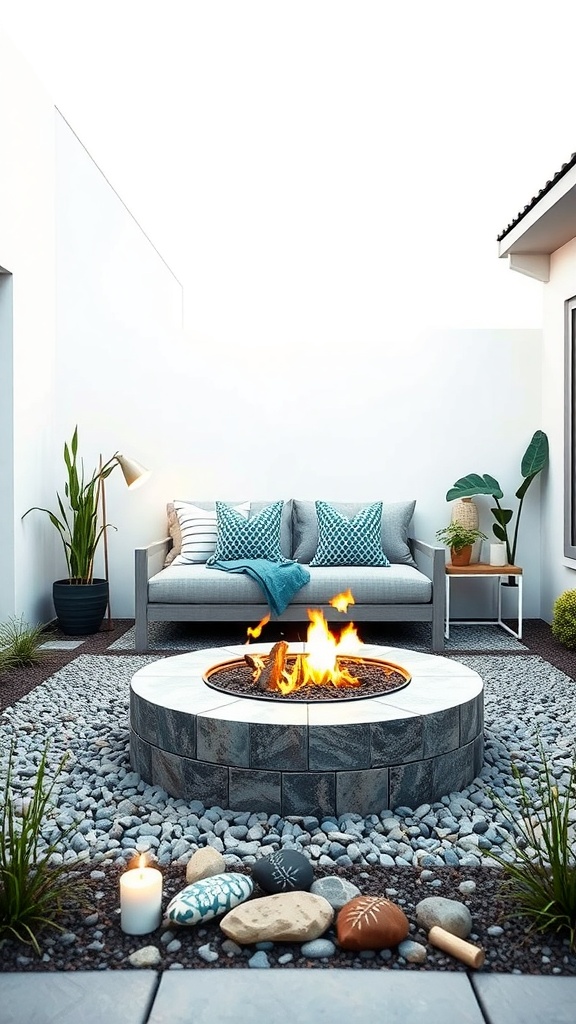 A modern fire pit design in a small outdoor space with a cozy sofa and decorative elements.