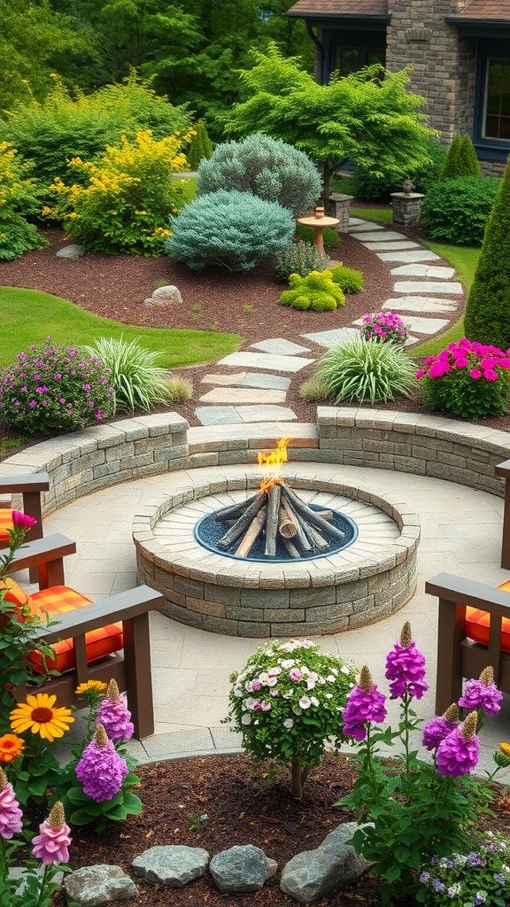 A cozy fire pit surrounded by colorful flowers and lush greenery in a landscaped backyard.