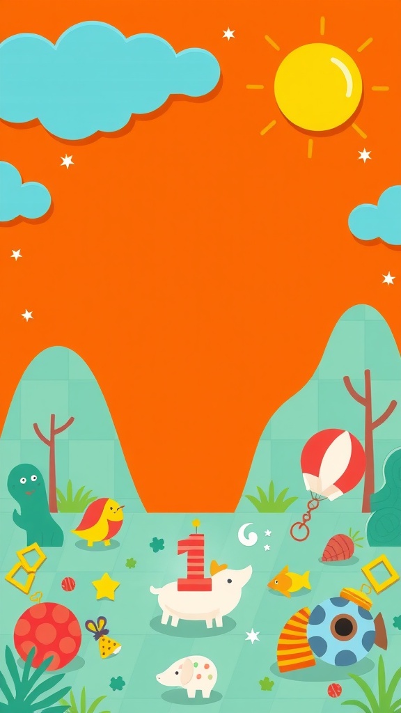 A colorful illustration for a first birthday invitation featuring toys, clouds, and a sun.