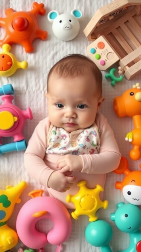 A baby lying on a soft surface surrounded by colorful toys in a playful flat lay arrangement.