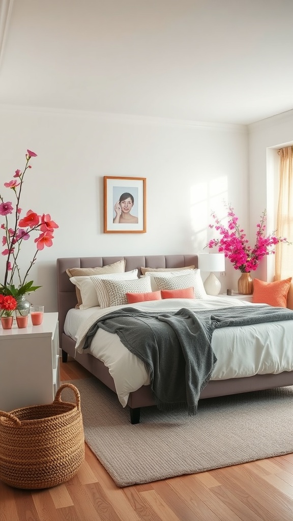 A bright and inviting bedroom featuring a bed with colorful pillows, a cozy throw, and vibrant flower arrangements in the room.
