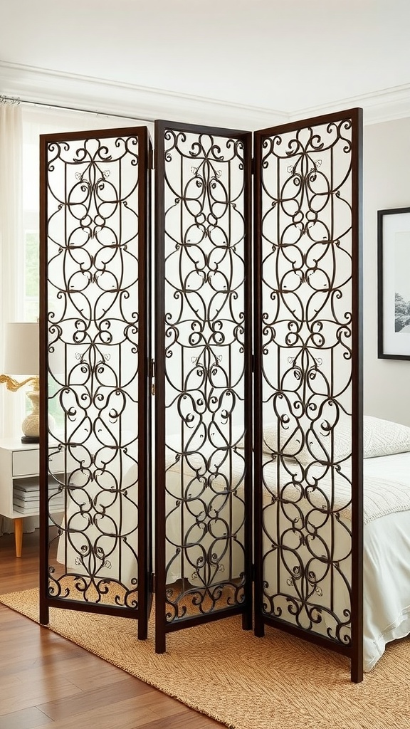 Intricate three-panel folding room divider in a bedroom setting