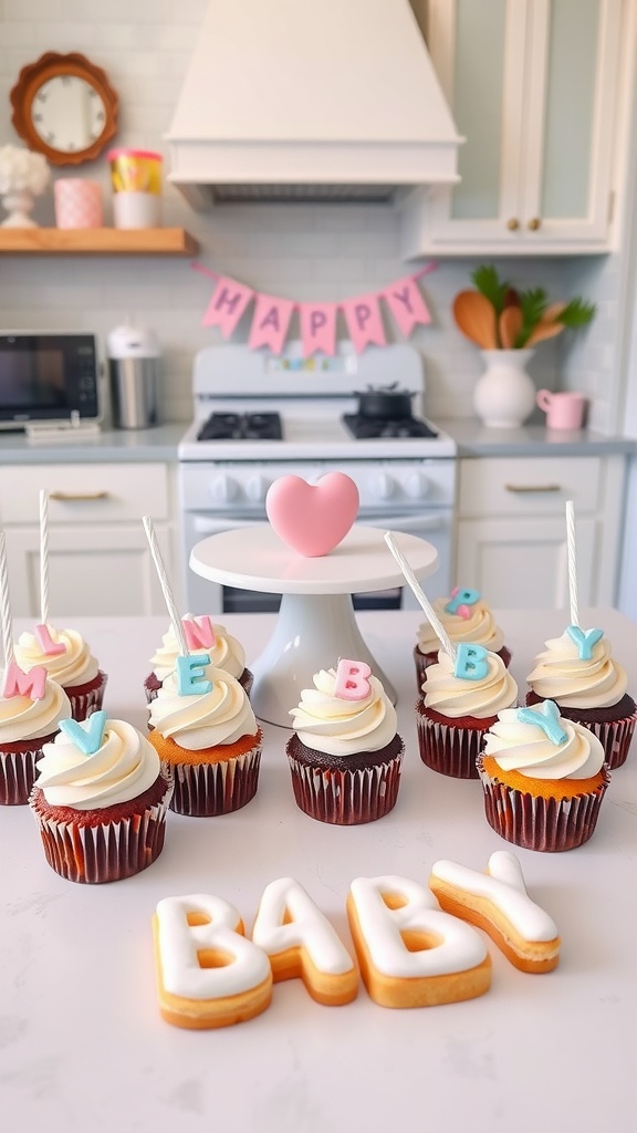 A creative food display for a baby announcement featuring cupcakes with frosting and letter toppers spelling out 'LOVE' and a cookie that says 'BABY'.