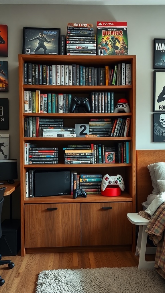 A cozy gamer bedroom storage solution featuring a wooden bookshelf filled with games, books, and gaming accessories.