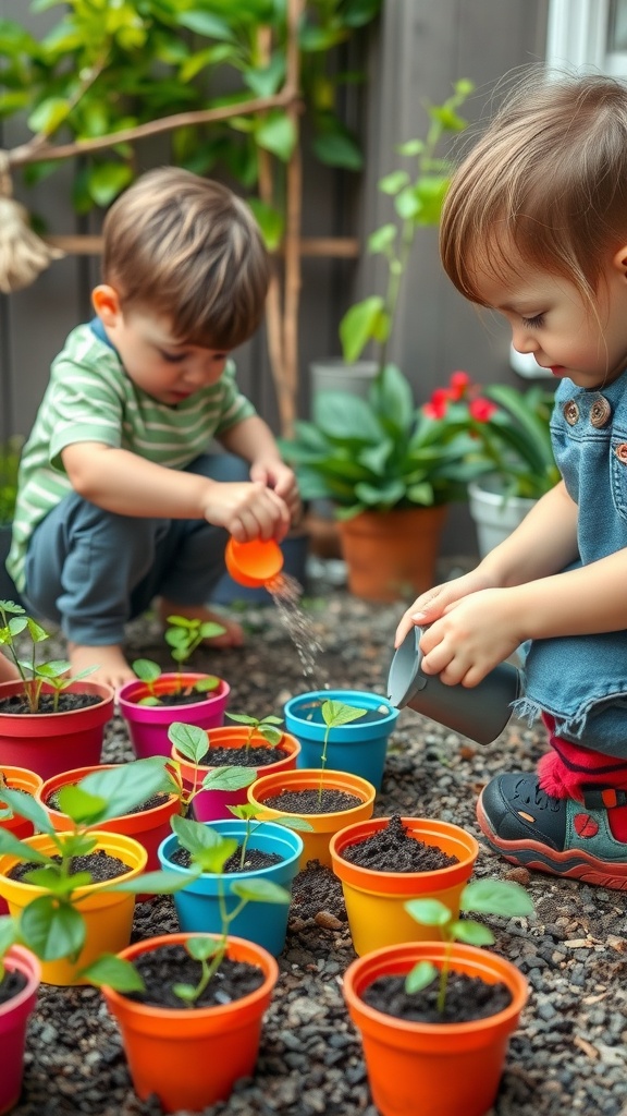 Two children watering colorful potted plants in a garden.