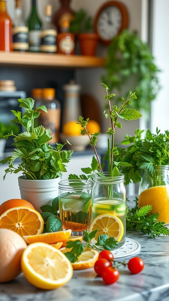 A vibrant display of fresh herbs, fruits, and cocktails at a backyard bar