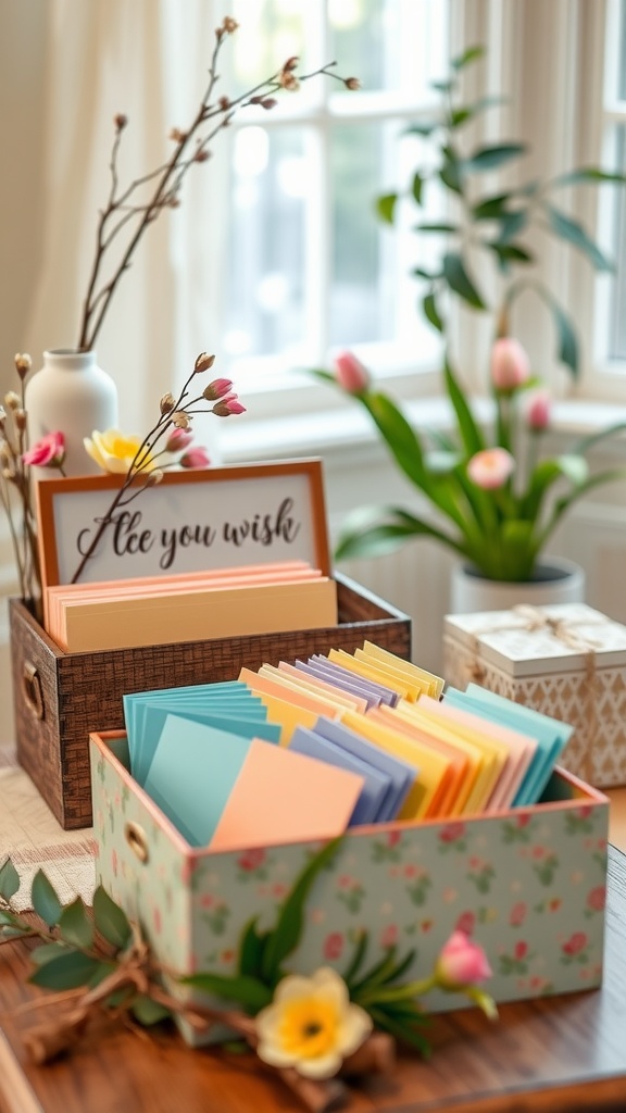 A table with colorful cards and boxes for guest wishes at a baby shower.