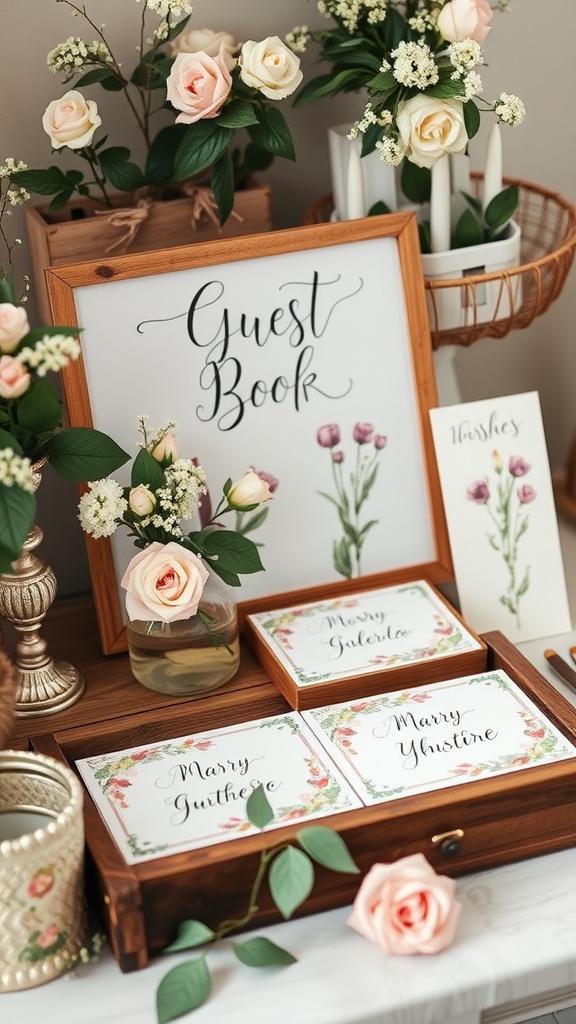 A beautifully arranged guest book station with floral decorations and cards for guests to write messages.