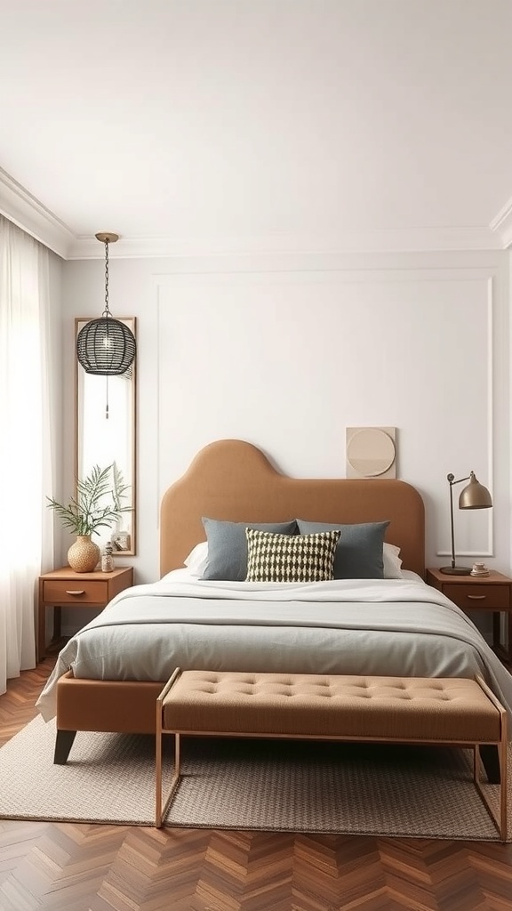 A cozy small bedroom featuring a rounded headboard, warm tones, and stylish decor.