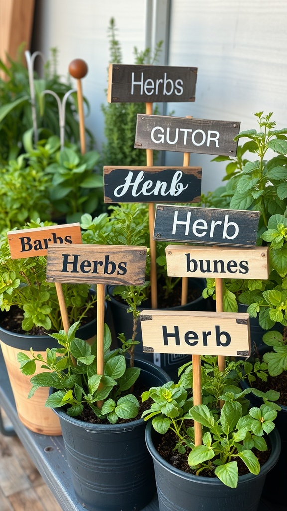 A collection of herb markers placed in pots of herbs.