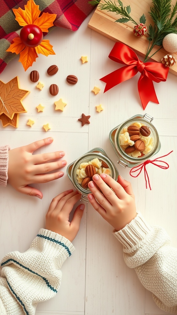 Two children's hands reaching for decorated mason jars filled with treats, surrounded by holiday decorations.