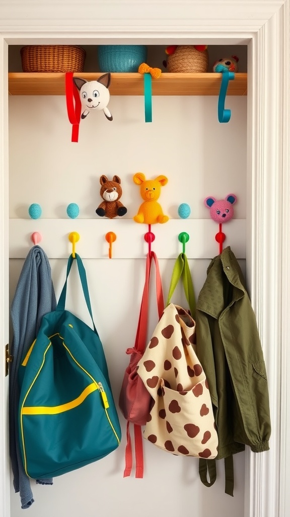A colorful kids' closet with hooks for bags and coats, featuring playful stuffed animals