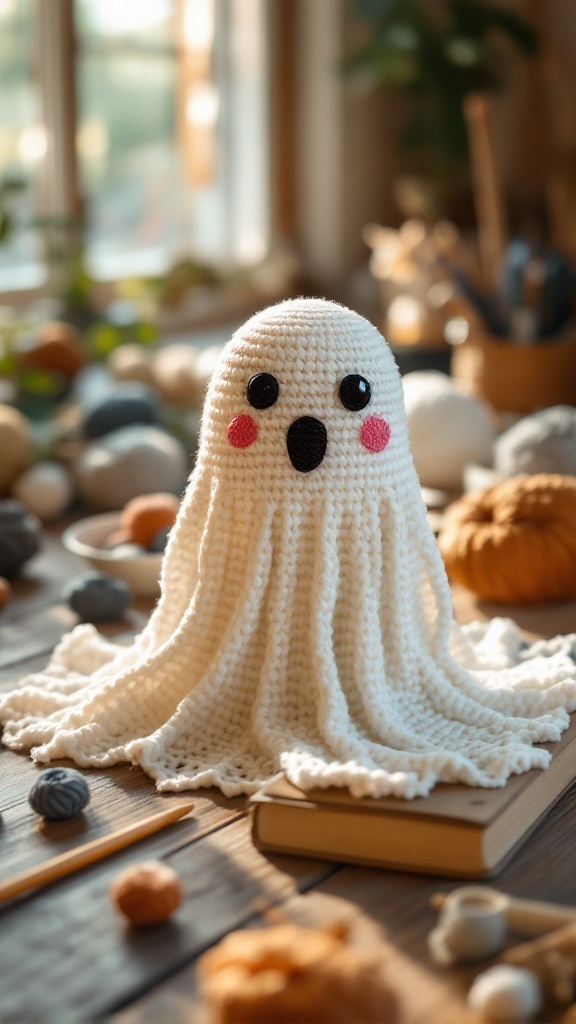 A cute crochet ghost with rosy cheeks and big eyes, surrounded by yarn balls and crafting materials.