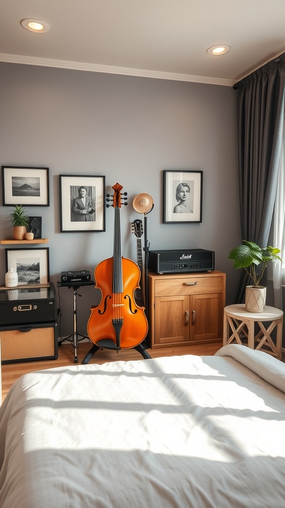 A cozy bedroom featuring a cello, framed photos, and stylish furniture.