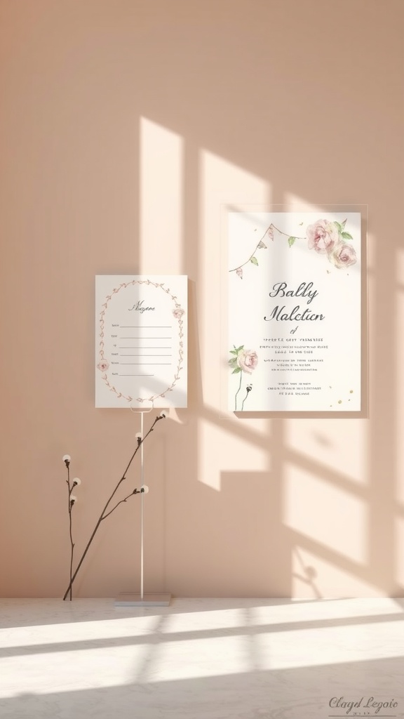 Creative invitation designs for a neutral boy baby shower featuring soft colors and floral accents.