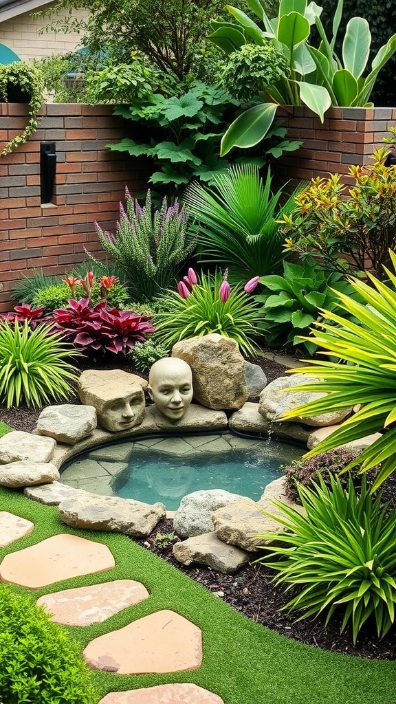 A beautifully landscaped small backyard pool area featuring vibrant plants, decorative stones, and unique artistic elements.