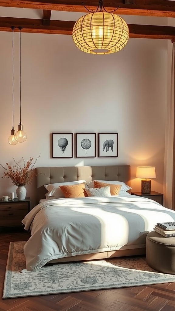A stylish bedroom with creative lighting fixtures featuring a large woven pendant light and round light bulbs.