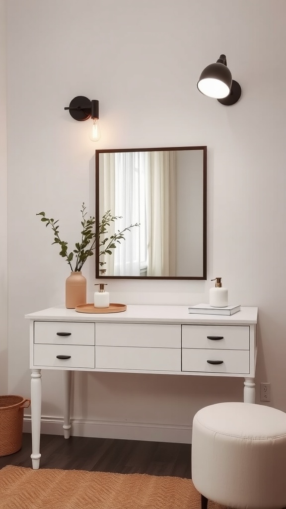 A modern dressing table with creative lighting solutions, featuring wall-mounted lights and a stylish mirror.