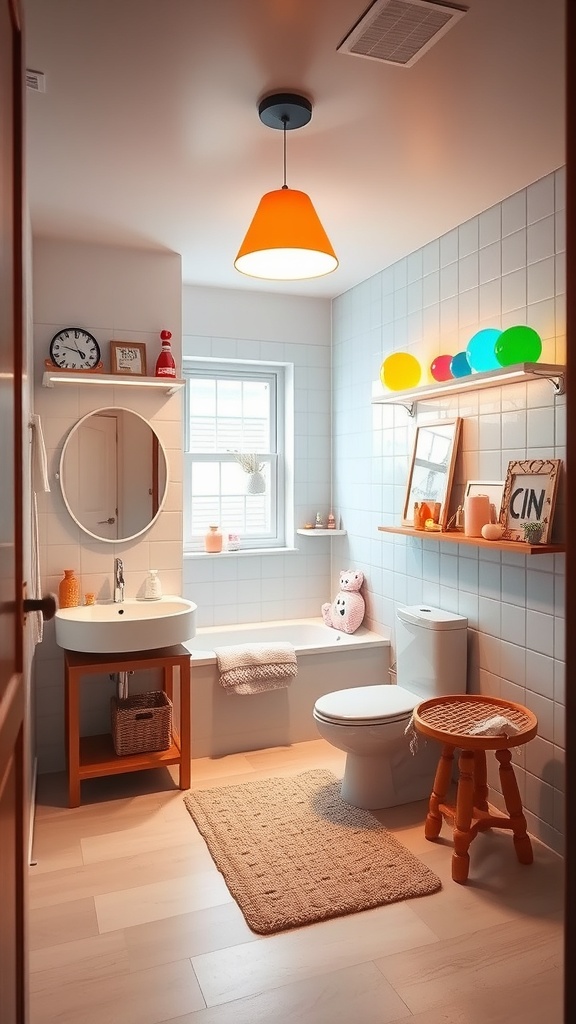 A bright and colorful kids' bathroom featuring creative lighting solutions, including a pendant light and colorful LED lights.
