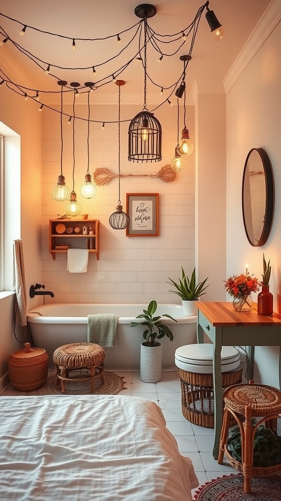 A bohemian bathroom with creative lighting solutions, featuring hanging bulbs and a decorative cage light.
