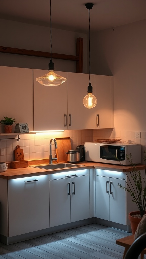 A well-lit small kitchen featuring modern pendant lights and under-cabinet lighting.