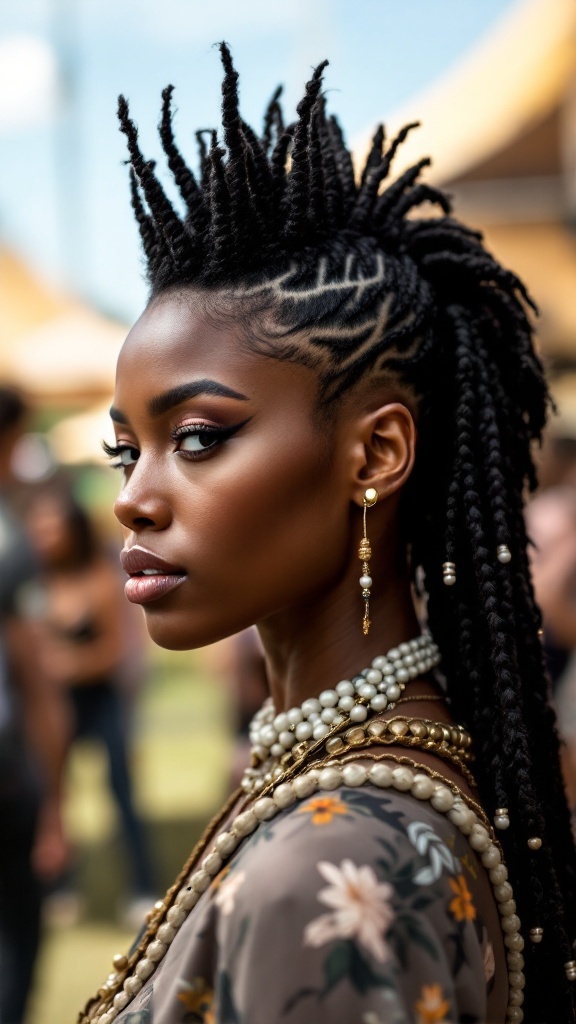A woman with a creative Mohawk hairstyle featuring beaded braids, showcasing her unique style.