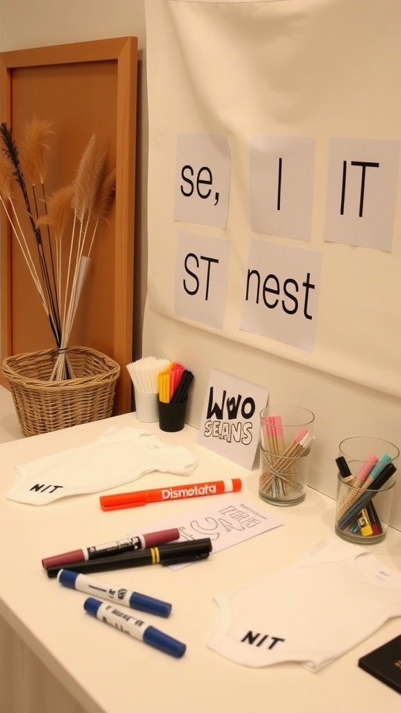 A creative onesie decorating station with white onesies, fabric markers, and a playful backdrop.