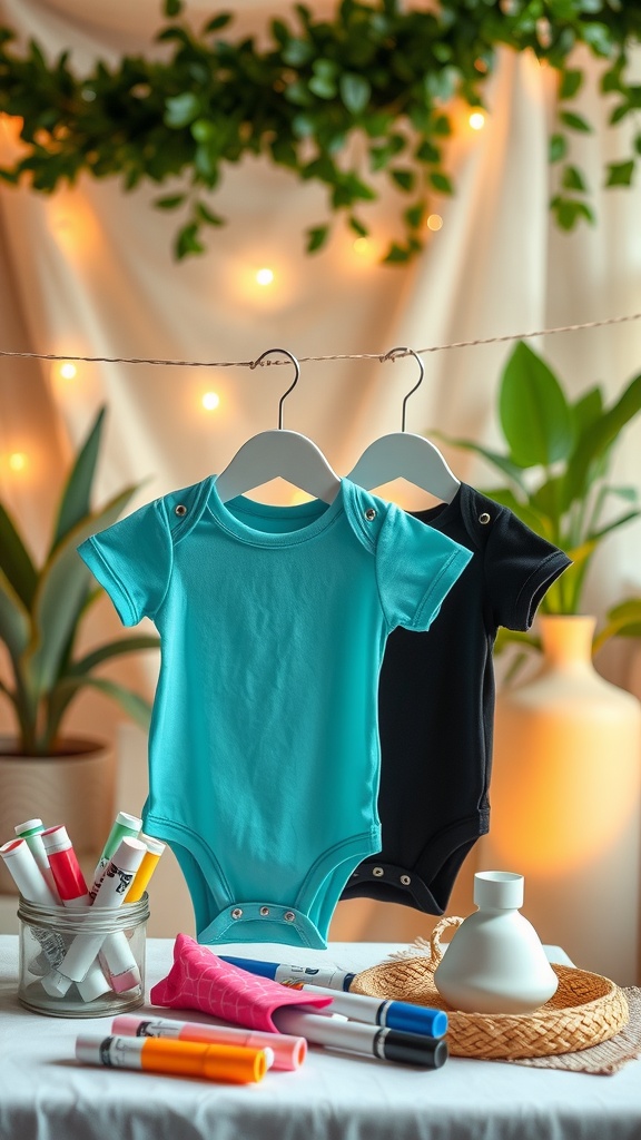 A bright blue and black onesie hanging on display with fabric markers and crafting supplies on a table, creating a cheerful baby shower atmosphere.