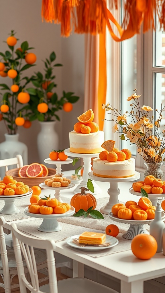 A beautifully arranged orange dessert table for a baby shower with cakes, pastries, and fresh oranges.
