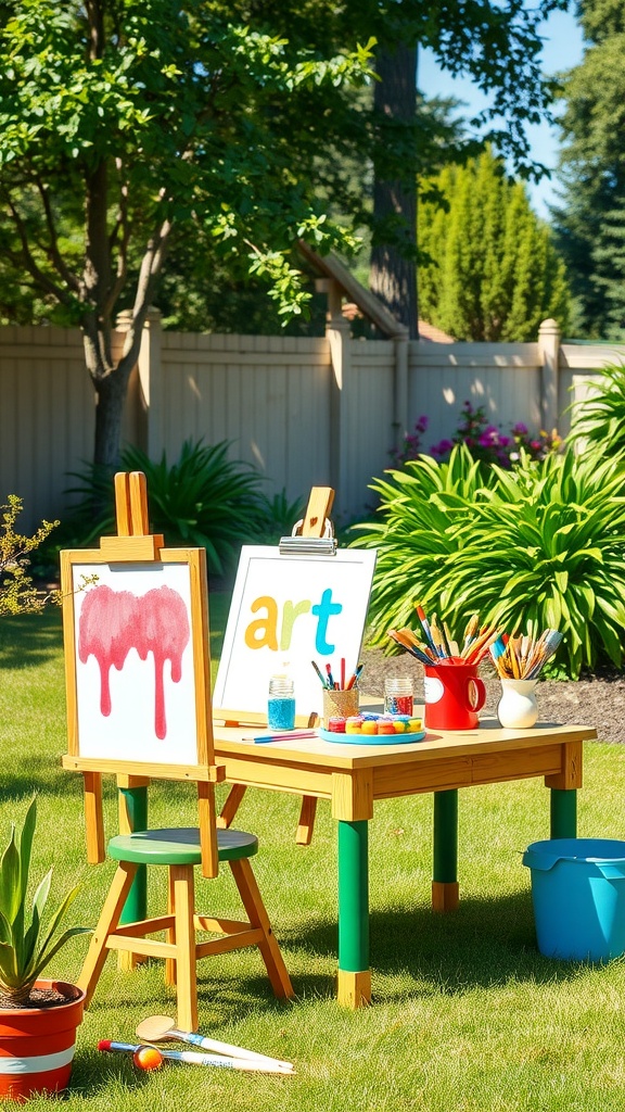 Outdoor art station with a table, easels, and colorful art supplies in a backyard.