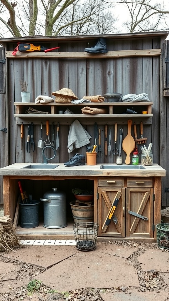 Wooden outdoor kitchen setup with shelves and storage for tools and pots