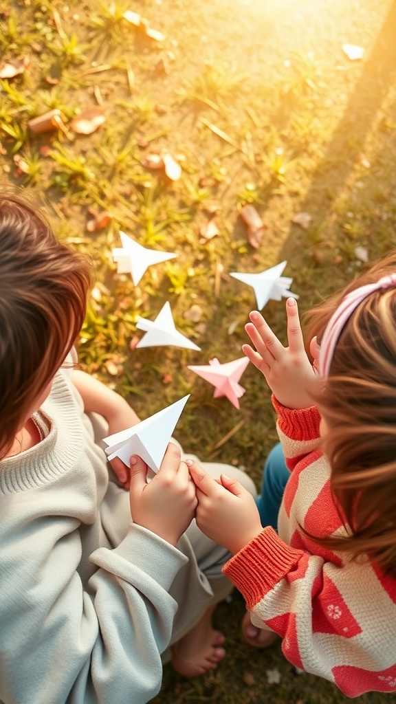 Children holding paper planes and preparing for a race outdoors