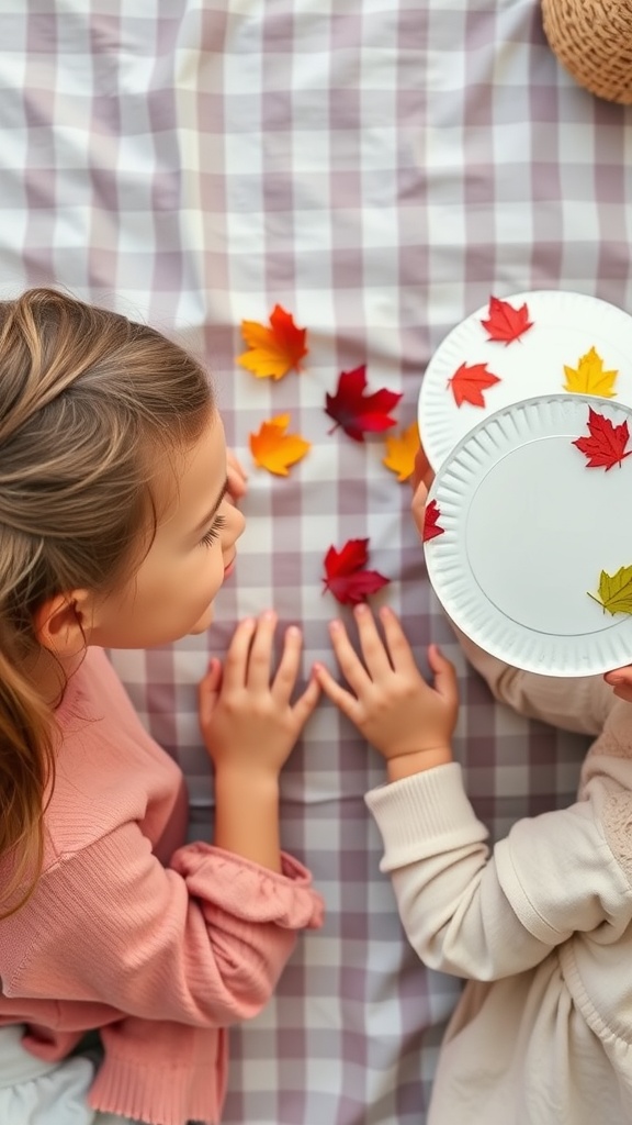Two children making creative hats from paper plates with colorful leaves around them.