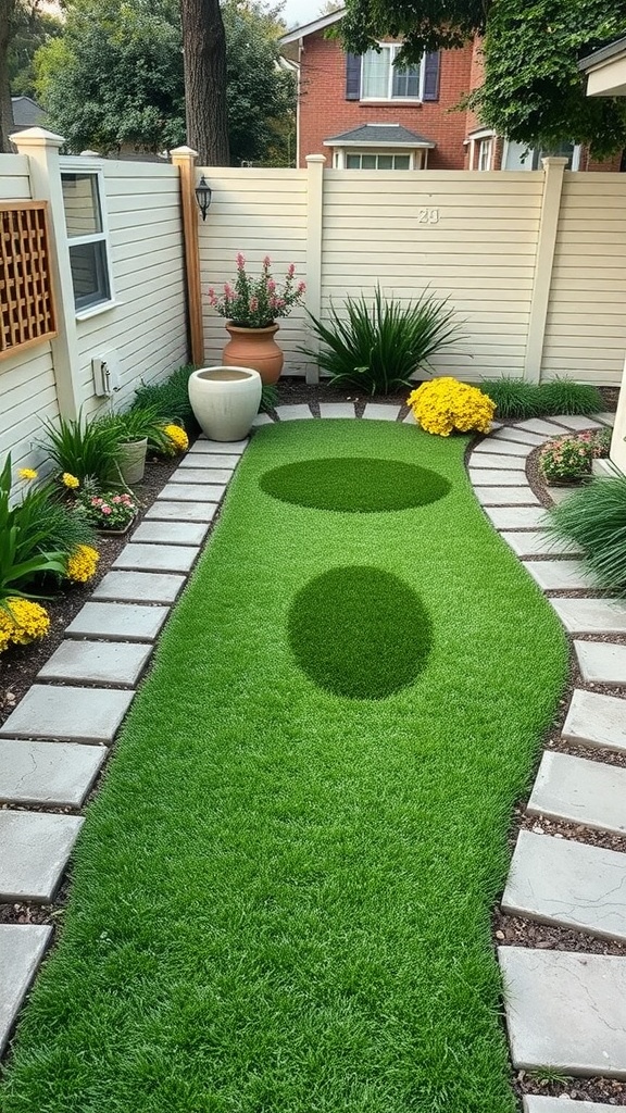 A beautifully designed backyard with patterned turf and stone pathway